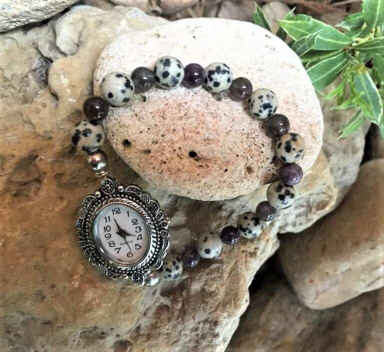 bracelet montre lithothérapie améthyste jaspe dalmatien fait main l'âme du cristal