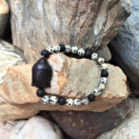 bracelet fait main en pierre de jaspe dalmatien et tête de buddha à montauban